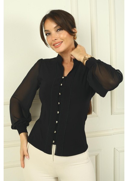 Kadın Önü Düğmeli Kolları Tül Hakim Yaka Gömlek modelleri