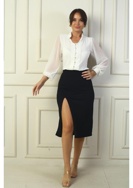 Beli Lastikli Önü Yırtmaçlı Diz Altı Etek modelleri