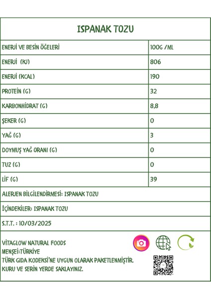 Vitaglow Ispanak Tozu Spinach Powder Vegan Smoothieler Için Uygundur.