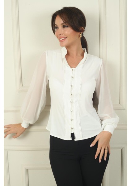 Kadın Önü Düğmeli Kolları Tül Hakim Yaka Gömlek fiyatları
