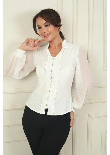 Kadın Önü Düğmeli Kolları Tül Hakim Yaka Gömlek modelleri