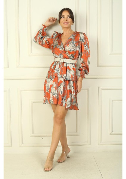 Kadın V Yaka Beli Büzgülü Uzun Kol Elbise fiyatları