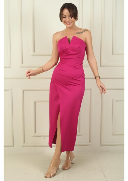 Kadın Straplez Önü Drapeli Krep Saten Araboy Elbise fiyatları