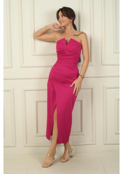 Kadın Straplez Önü Drapeli Krep Saten Araboy Elbise modelleri