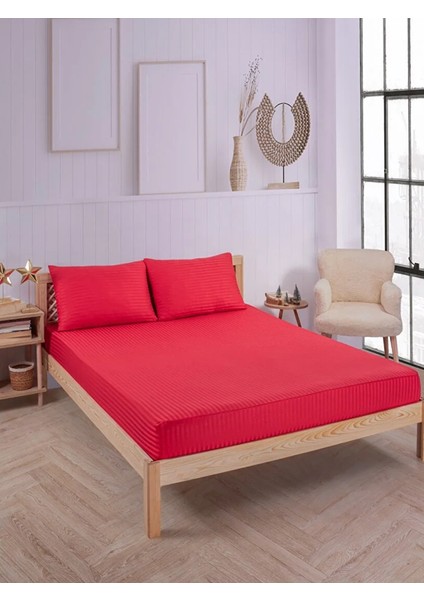 Kırmızı Pamuklu Çizgili Saten Lastikli Çarşaf Takımı Çift Kişilik + 2 Yastık Kılıfı