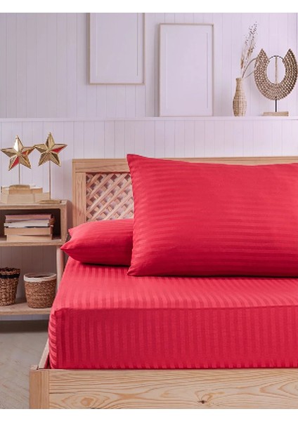 Kırmızı Pamuklu Çizgili Saten Lastikli Çarşaf Takımı Çift Kişilik + 2 Yastık Kılıfı modelleri
