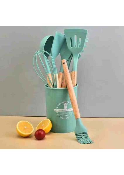 12 Parça Bambu Saplı Silikon Spatula Kepçe Pratik Mutfak Seti