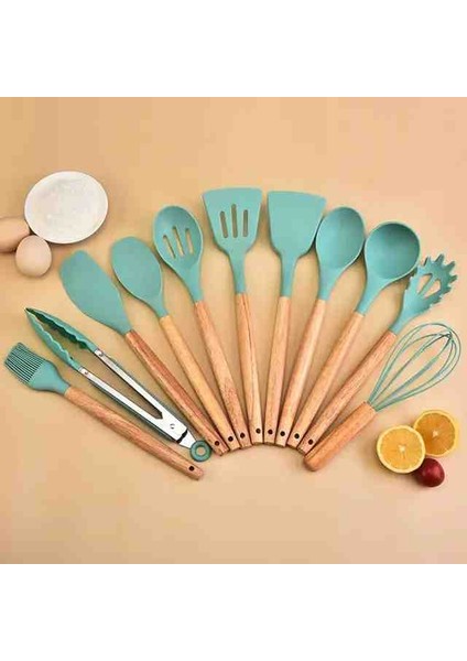 12 Parça Bambu Saplı Silikon Spatula Kepçe Pratik Mutfak Seti