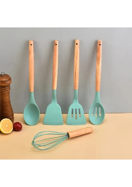 12 Parça Bambu Saplı Silikon Spatula Kepçe Pratik Mutfak Seti