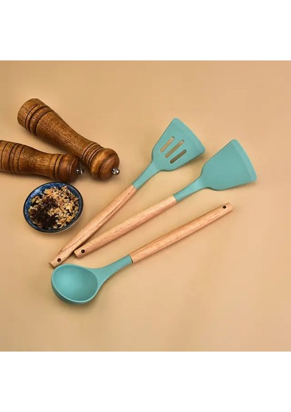 12 Parça Bambu Saplı Silikon Spatula Kepçe Pratik Mutfak Seti