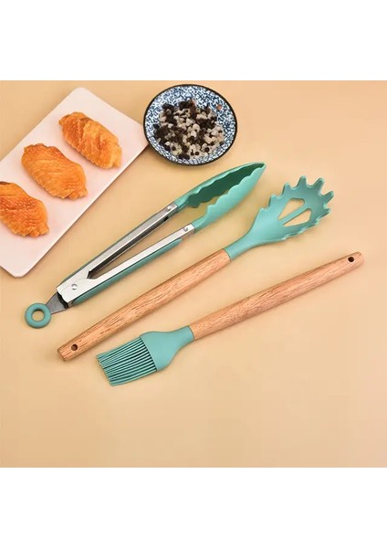 12 Parça Bambu Saplı Silikon Spatula Kepçe Pratik Mutfak Seti