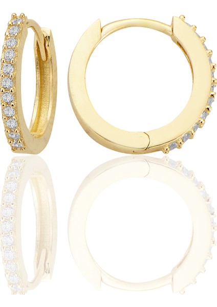 14 Ayar Altın Zirkon Taşlı Huggie Halka Küpe Sarı Renk