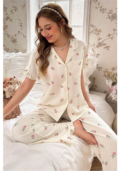 Çiçek Baskılı Fırfırlı Uzun Pijama Takımı