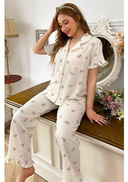 Çiçek Baskılı Fırfırlı Uzun Pijama Takımı fiyatları