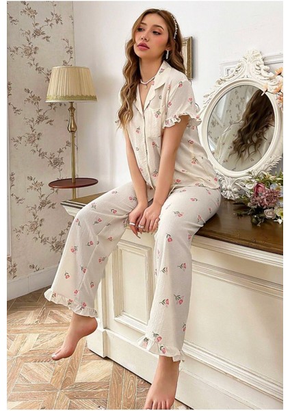 Çiçek Baskılı Fırfırlı Uzun Pijama Takımı modelleri