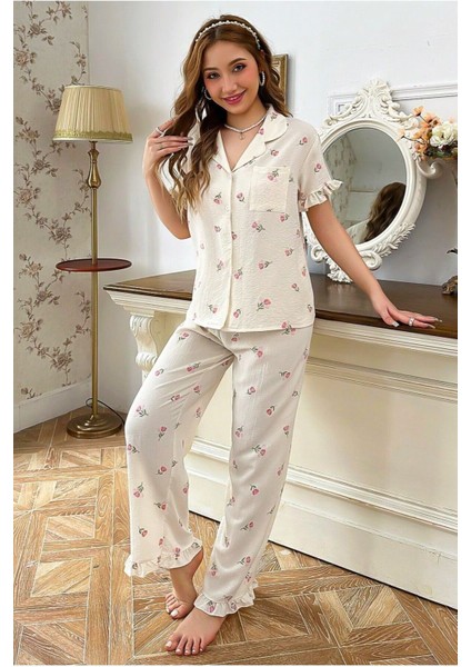 Çiçek Baskılı Fırfırlı Uzun Pijama Takımı indirimleri