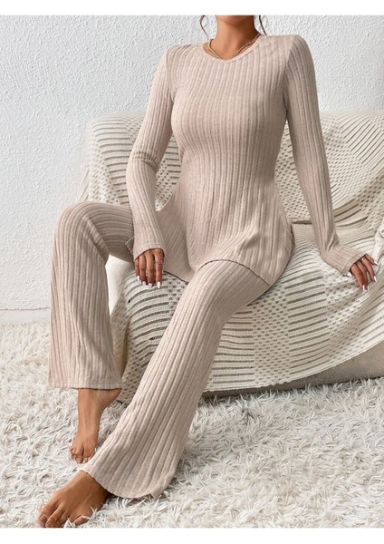 Pamuklu Fitilli Yırtmaç Detaylı Uzun Pijama Takımı modelleri