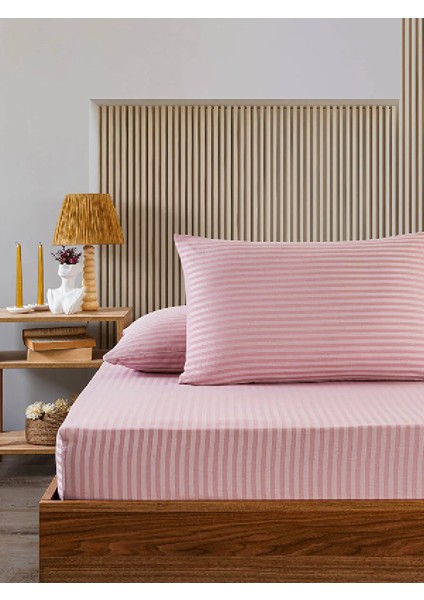 Pudra Pamuklu Çizgili Saten Lastikli Çarşaf Takımı Tek Kişilik + 1 Yastık Kılıfı modelleri