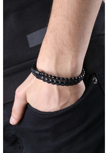 MRHERO Erkek İki Örgü Boncuk Kombin El Yapımı Hakiki Deri Bileklik MH025 SİYAH fırsatları