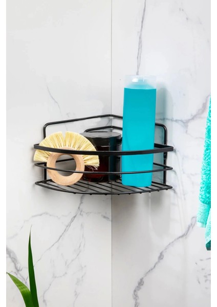 Banyo Köşe Rafı Tek Katlı Siyah Şampuanlık Vidalı