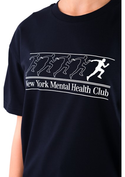 New York Mental Health Club Relaxed Fit Kadın T-Shirt - Lacivert