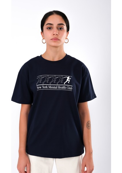 New York Mental Health Club Relaxed Fit Kadın T-Shirt - Lacivert