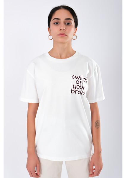 Switch Off Relaxed Fit Kadın T-Shirt - Ekru