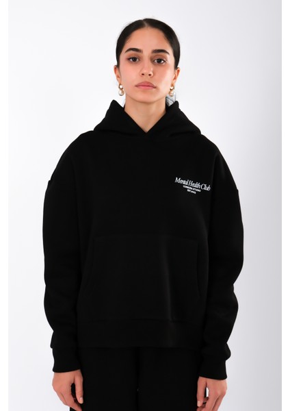 Mental Health Club Relaxed Fit Hoodie Kadın - Siyah fırsatları