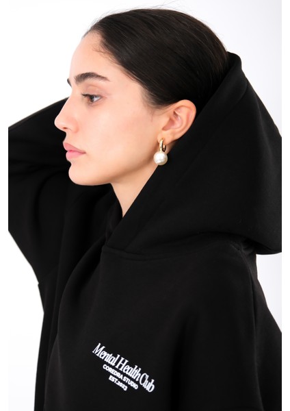 Mental Health Club Relaxed Fit Hoodie Kadın - Siyah