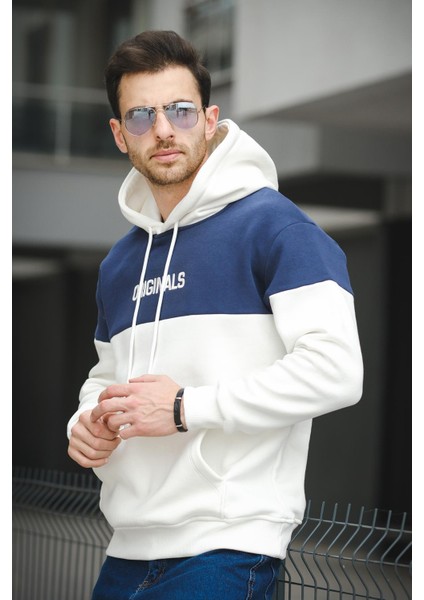 Perez Nakışlı Üç Iplik Pamuklu Parçalı Kapüşonlu Erkek Sweatshirt