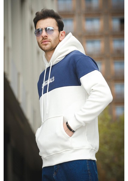 Perez Nakışlı Üç Iplik Pamuklu Parçalı Kapüşonlu Erkek Sweatshirt