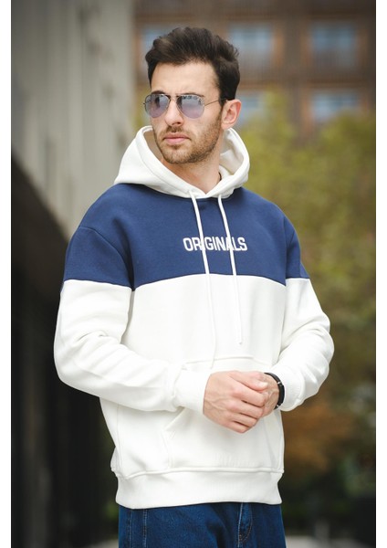 Perez Nakışlı Üç Iplik Pamuklu Parçalı Kapüşonlu Erkek Sweatshirt
