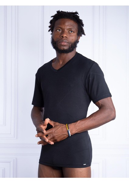 Tender Cotton 2 li V Yaka Kısa Kol Siyah T-Shirt 9671