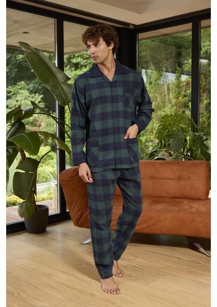 Erkek Uzun Kol Apaj Yaka Yeşil Pijama Takımı C8T3N0O4