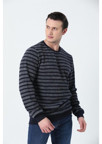 Erkek Rahat Kesim Bisiklet Yaka Enine Çizgili Yumuşak Dokulu Interlok Kumaş Sweatshırt Gri modelleri