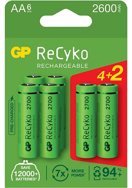 Recyko Şarj Edilebilir Aa Kalem Pil 6'lı (GP270AAHCE4 2-2eb6)