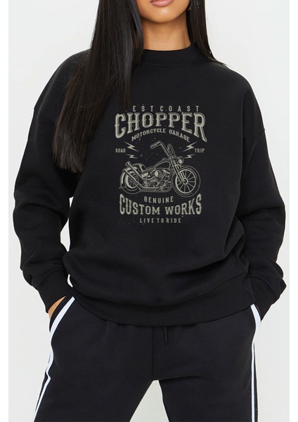 Chopper Motor Baskılı Siyah Unisex Kadın Erkek Pamuklu Sweatshirt CU187