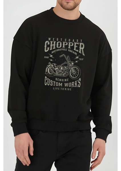 Chopper Motor Baskılı Siyah Unisex Kadın Erkek Pamuklu Sweatshirt CU187
