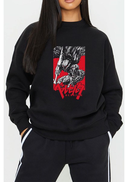 Berserk Guts Baskılı Siyah Kadın Erkek Pamuklu Sweatshirt Cu183