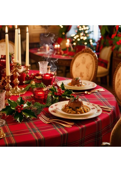 Kırmızı Tartan Ekose Yılbaşı Masa Örtüsü fiyatları