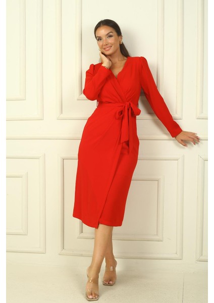 Kadın Kruvaze Yaka Kollu Beli Kuşaklı Astarlı Krep Elbise