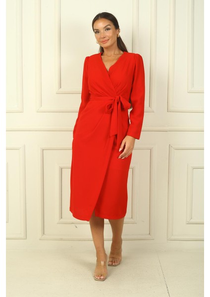 Kadın Kruvaze Yaka Kollu Beli Kuşaklı Astarlı Krep Elbise fiyatları