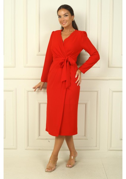 Kadın Kruvaze Yaka Kollu Beli Kuşaklı Astarlı Krep Elbise modelleri