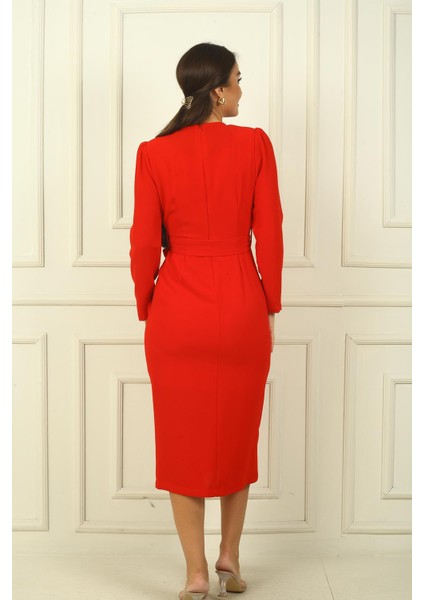 Kadın Kruvaze Yaka Kollu Beli Kuşaklı Astarlı Krep Elbise fırsatları