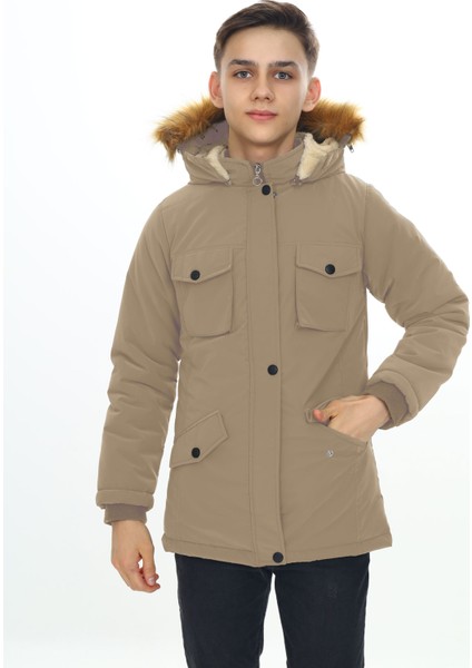 Erkek Çocuk Su ve Rüzgar Geçirmez Ithal Kumaş Kürklü Kışlık Uzun Mont KABAN-MNT-2009-E