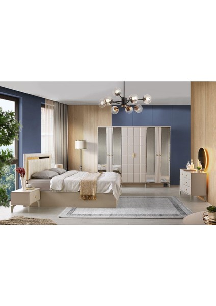 Paris Yatak Odası-Mdf-Kum Beji-6 Kapaklı Ve Aynalı-Bazasız Traversli-Ücretsiz Nakliye Ve Montaj