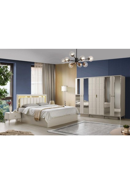 Paris Yatak Odası-Mdf-Kum Beji-6 Kapaklı Ve Aynalı-Bazasız Traversli-Ücretsiz Nakliye Ve Montaj fiyatları