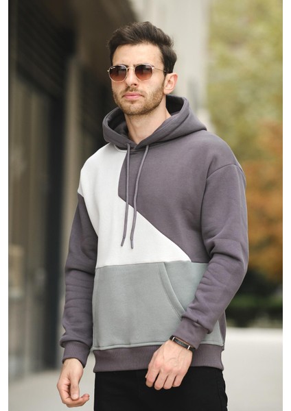 Placide Üç Iplik Pamuklu Parçalı Kapüşonlu Erkek Sweatshirt