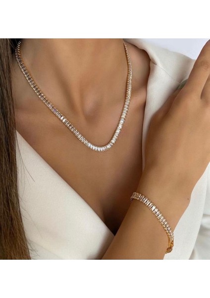 Çelik Gold Baget Taşlı Kolye ve Bileklik Set