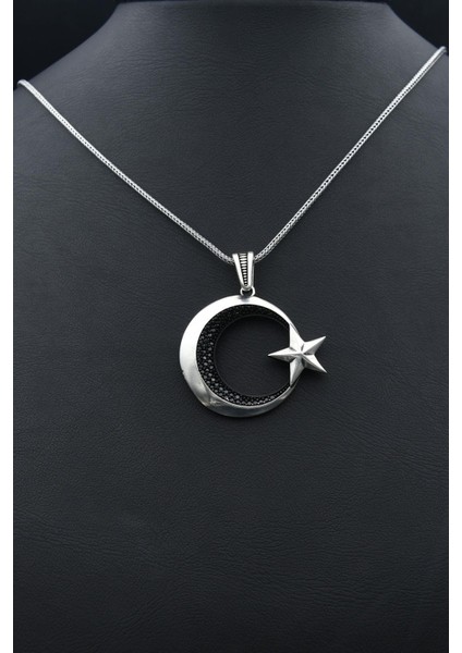 Gümüş Ay Yıldızlı (Ay Yıldız) 925 Ayar Gümüş Kolye Zincir Siyah Mikro Taş Süslemeli 901262 fırsatları